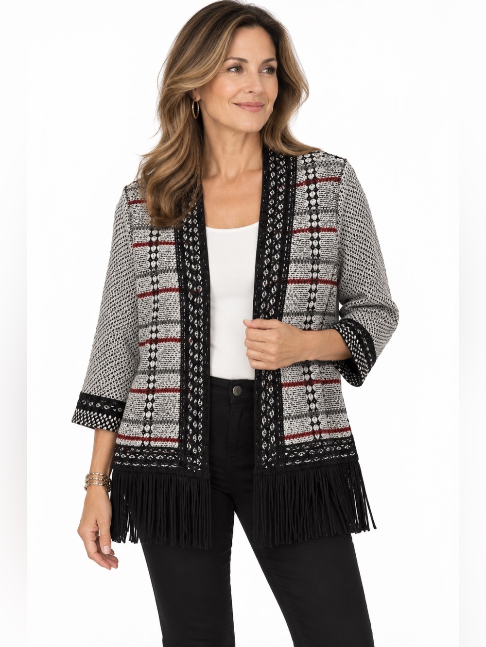 Christopher & Banks Black, Gray & Red Fringe Open-Front Knit Good condition!